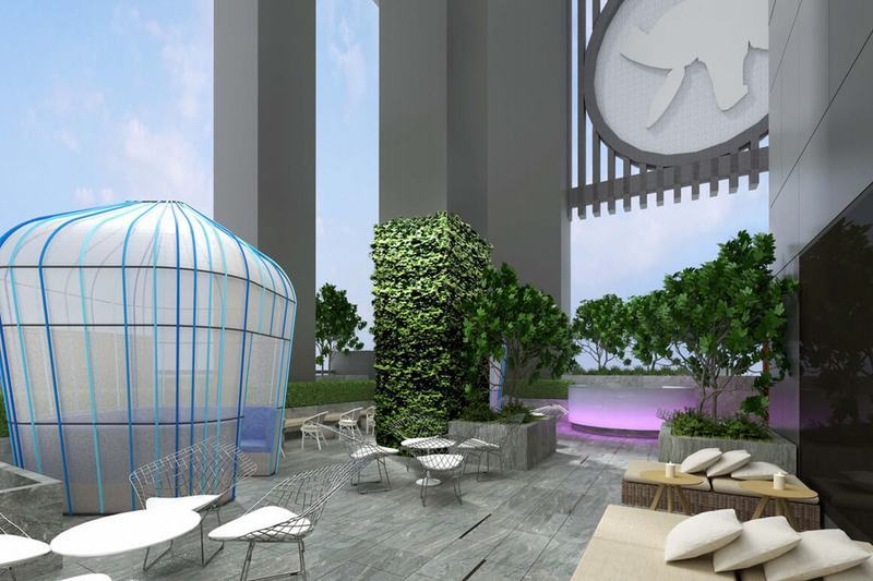 Caesar Park Hotel Banqiao Taipei Exterior photo The photo showcases a modern outdoor terrace or lounge area. Key features include:

1. **Seating Arrangement**: There are several stylish chairs and tables, providing a space for relaxation or social gatherings.

2. **Lush Greenery**: Various plants 