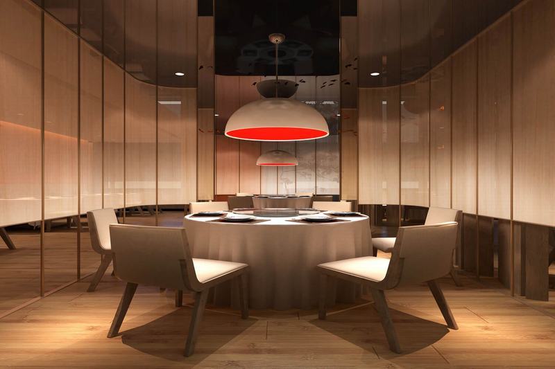 Caesar Park Hotel Banqiao Taipei Exterior photo The image depicts a modern dining room or meeting space. In the center, there is a round table covered with a light-colored tablecloth. Around the table, several minimalist chairs are arranged. Above the table hangs a distinctive pendant light with a