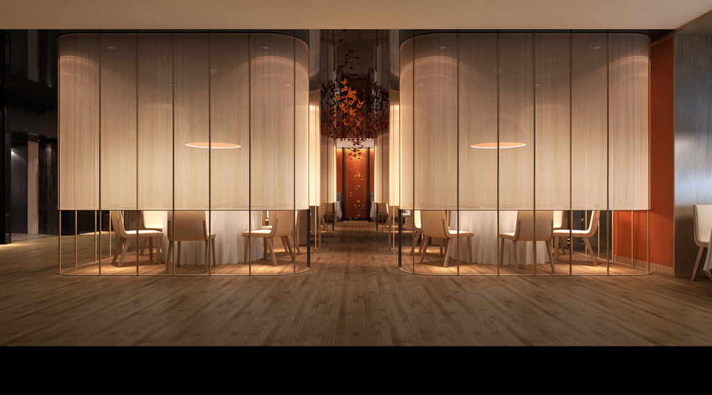 Caesar Park Hotel Banqiao Taipei Exterior photo The photo depicts a modern restaurant interior. It features elegant dining spaces enclosed by sheer curtains that create a sense of privacy. The flooring is wooden, contributing to a warm atmosphere. In the background, there is a decorative chandelie
